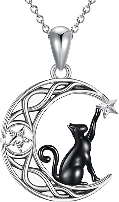 Black Cat/Dragon/Fox/Wolf Necklace 925 Sterling Silver Celtic Moon Pentagram Pendant Gothic Jewelry Goth Halloween Gifts for Women