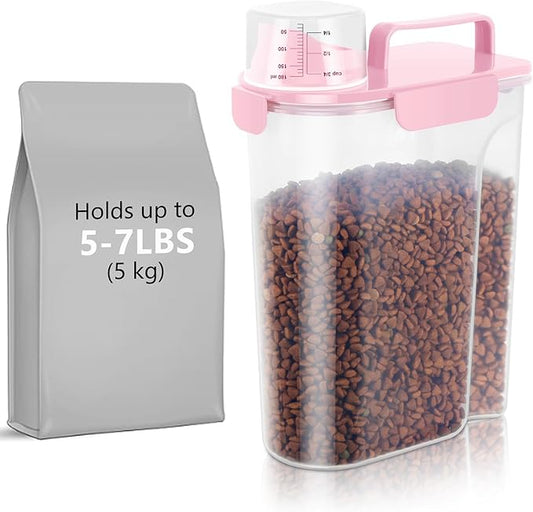 5Lbs Dog Cat Storage Container Portable with Upgraded Large Spout and Cup,Plastic Pet Food Dispenser for Small Animal Kibble,Bird Seed,Oatmeal,Rice,flour,brown sugart- Light Pink