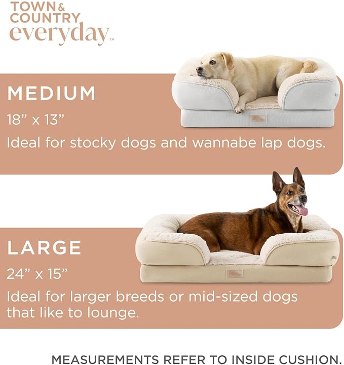 TOWN & COUNTRY EVERYDAY CuddleTown Comfy Solid Bolster Sofa Pet Bed, Supportive & Calming Egg Crate Foam, Water Repellent, Non-Slip Bottom, Machine Washable Cover, Grey, Medium 28"x23"x8"