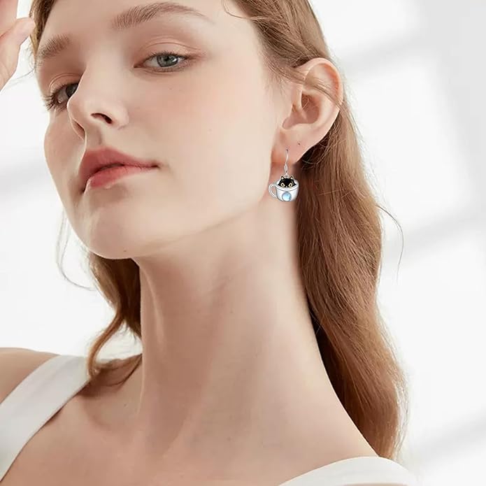 Black Cat Earrings 925 Sterling Silver Mushroom Cat/Black Cat/Panda/Sloth/Capybara/Boston Terrier/Shih Tzu Dangle Earrings Cute Animal Drop Earrings Jewelry Gifts for Women