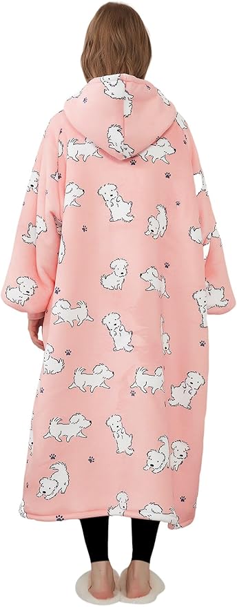 KFUBUO Wearable Blanket Hoodie for Adult Long Sherpa Dog Patterns Oversized Hoodie Sweatshirt Blanket Cute Birthday Gifts for Women