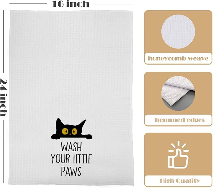 Black Cat Hand Towels - Wash Your Little Paws Cat Decorative Waffle Weave Hand Towels for Kids Bathroom, Black Cat Gifts, Cat Themed Gifts, 16x24 Inch