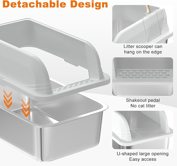 2 Pcs Stainless Steel Cat Litter Box with Lid, Extra Large High Sided Litter Box, XL Litter Box for Large Cats, Non-Leaking, Easy to Clean, Anti-Leakage Include Scoop(White)