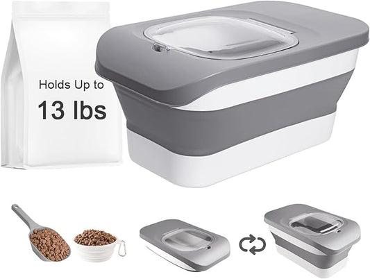 10-13 Lbs Cat Food Container,Collapsible Cat Food Storage with Airtight Lid,Silicone Pet Bowl and Cat Food Scoop，Pet Food Storage containers Dry Food for Pets, Rice (Grey 13lbs 02)