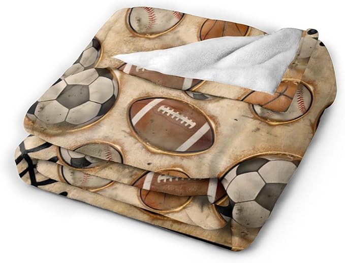 Vintage Sports Soccer Blanket Ultra Soft Cozy Plush Baseball Basketball Football Throw Blanket Sport Ball Fans Lovers Gifts Kids Adults Lightweight Flannel Comfy Blankets for Couch Sofa Bed 60"x50"
