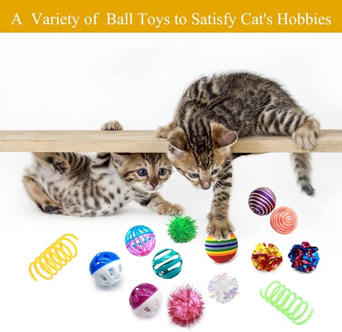 LASOCUHOO Cat Toys, Kitten Cat Ball Toys Assortments, Including Rainbow Ball, Crinkle Ball, Sparkle Ball, Bell Balls, Sisal Ball for All Cats 30 Packs