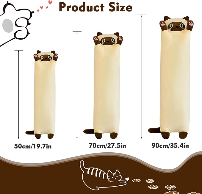 Long Cat Plush Pillow, 27.6in Cute Yellow Cat Plushie Stuffed Animals Body Pillow, Kawaii Kitten Soft Plushie Doll Toy Birthday Gift for Kids Girlfriend