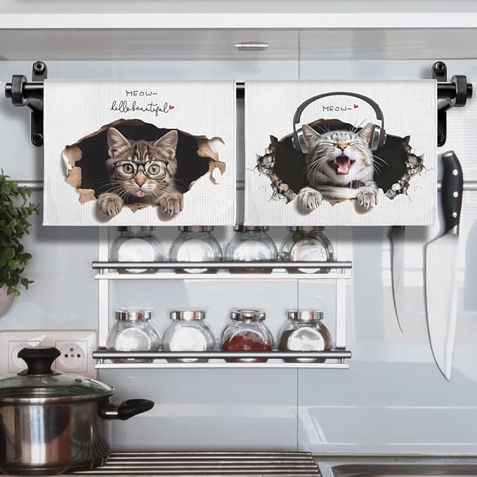 2-Pack Decorative Kitchen Towels Set with Playful Peeking Design-Absorbent&Quick-Drying Dish Towels for Cooking,Bathroom Decor-Funny Cat Lover Gifts for Women,Cute Animal Theme Hand Towels ( Durable)