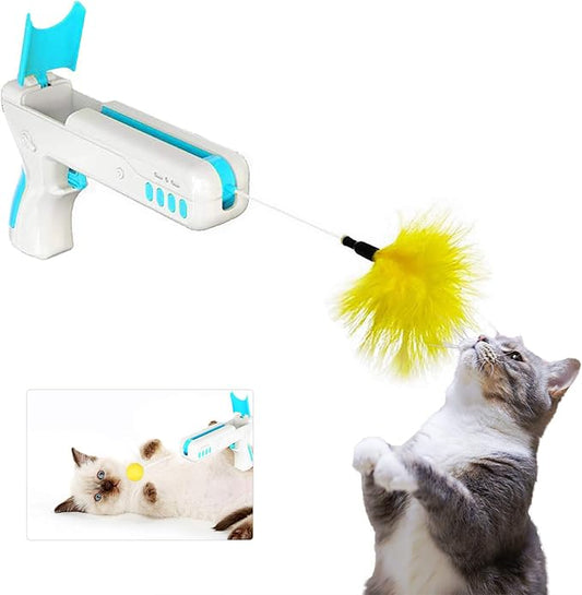 Interactive Cat Toys Indoor - Cat Feather Toy Cats Interactive Relief Bounce Gun, Cat Toy with Catnip Feather Ball Balance Cat Chasing Toy for Kitten Exercise Puzzle Toys (Sky Blue)