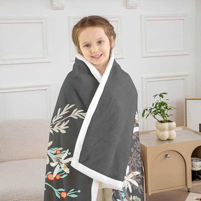 Feelyou Dragonfly Sherpa Blanket Twin 60x80 Inches Botanical Floral Fleece Throw Blanket for Kids Girls Teens Women Bedroom Decor Nature Animals Branches for Sofa Bed Couch Grey