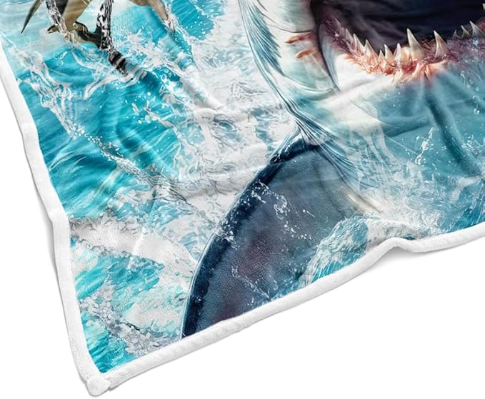 Cute Cat Throw for Kids, Cool Kitty Riding Shark on Blue Grey Ocean Fleece Throw Blanket Cozy Soft Lightweight Couch Sofa Bed,Blue Blankets Bedding Gifts for Girls Boys Teens Cute Throw Blanket