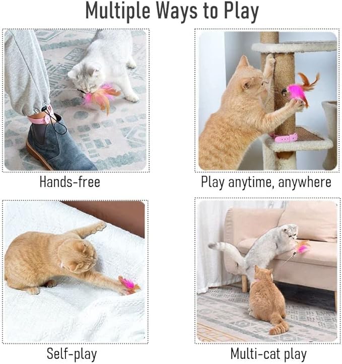 Cat Teasing Wand Silicone Collar Hands Free Toy with Bell and Feathers Interactive Cat Toys (Blue)