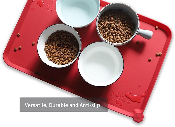 Hoki Found L Silicone Pet Food Mats Tray - Non Slip Pet Dog Cat Bowl Mats Placemat - Dog Pet Cat Feeding Mat - Waterproof Dog Cat Food Mats -Pet Water Mats for Carpet - Classic red