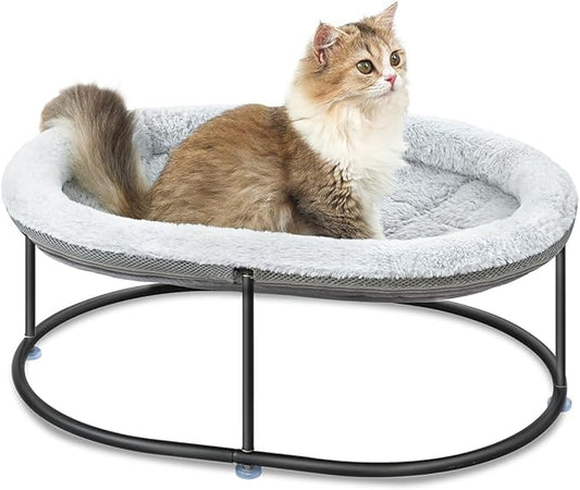 Elevated Cat Hammock Bed for Indoor Cats, Fluffy Warm Cuddle Cat Bed with Detachable Pad Bed Cover, Portable Pet Bed Raised Cuddler for Sleeping Kittens, Small Dog, Oval Cat Hammock Grey