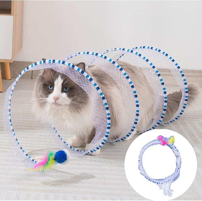 Folded Cat Tunnels for Indoor Cats, Cat Donut Tunnel, Cat Play Tunnels, Folded Cat Tunnel Spring,Cat Toy for Indoor Cats,Cat Toys Interactive for Indoor Cats(Blue)