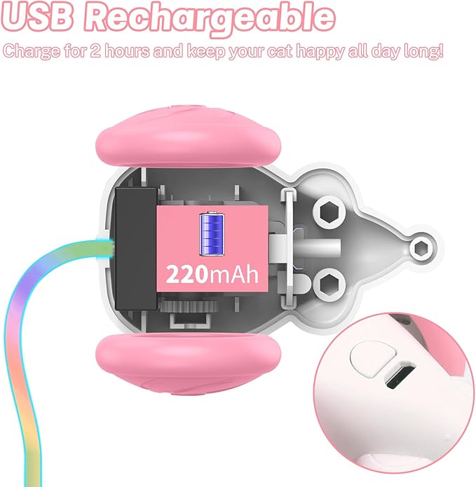 Interactive Cat Mouse Toy with LED Lights, Smart Cat Toy for Indoor Cats, USB Rechargeable Automatic Electric Cat Toy, Pink