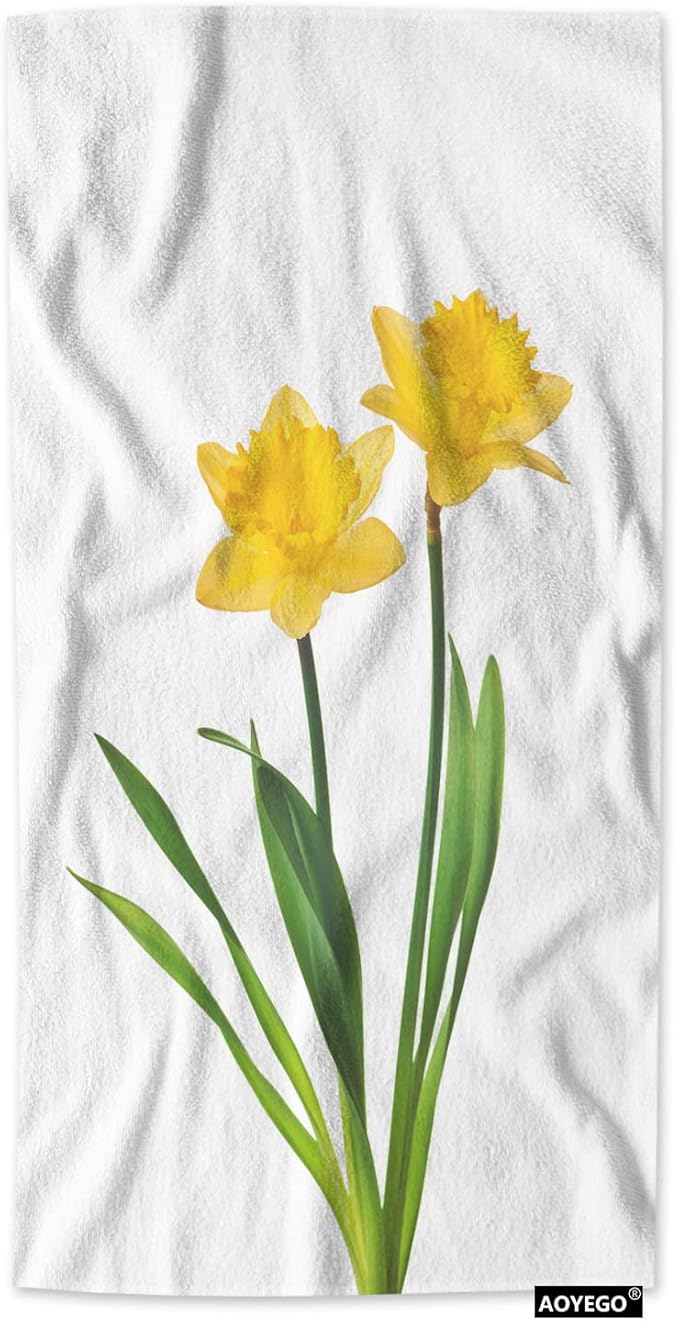 AOYEGO Yellow Daffodil Towels Nature Botanical Narcissus Flower Blossom Green Leaf in Spring Soft Highly Absorbent Large Hand Towels for Bathroom Hotel Gym and Spa 15x30 Inch