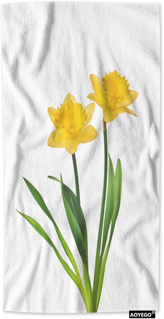 AOYEGO Yellow Daffodil Towels Nature Botanical Narcissus Flower Blossom Green Leaf in Spring Soft Highly Absorbent Large Hand Towels for Bathroom Hotel Gym and Spa 15x30 Inch