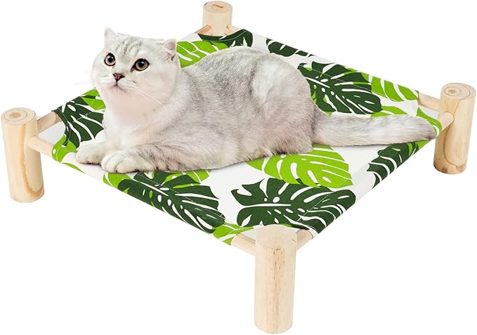 Patas Lague Cat and Dog Hammock Bed Small Dog Bed, Wooden Cat Elevated Cooling Outdoor Bed for All Seasons, Cat Beds for Indoor Cats, Cat Cots Furniture Pet Bed Puppy Bed(Monstera Leaf)