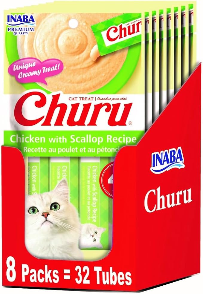INABA Churu Lickable Purée Natural Cat Treats - Chicken with Scallop Recipe (4 Servings per Package, 8 Packages) (32 Tubes)