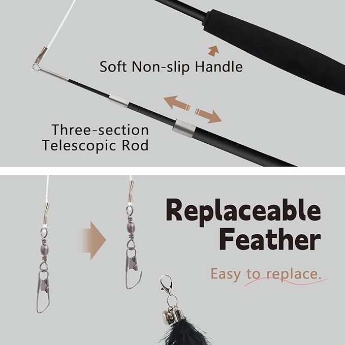 SONGWAY Cat Wand Toys for Indoor Cats - Cat Feather Toys with Retractable Cat Stick and 6 PCS Fairy Cat Teaser Toy Refills, Butterfly Tassel Plush Cat Toys Interactive, Black