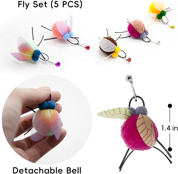 Interactive Cat Toys Insects Replacement for Cat Wand Toy, 5 PCS Fly Bugs Refills with Bells for Cat Teaser, Chase and Exercise Toys for Indoor Cats and Kittens