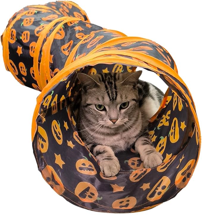 Halloween Pumpkin Printed Cat Tunnel, Polyester, Waterproof, Washable, Foldable，9.85 in Diameter, 51 in Length