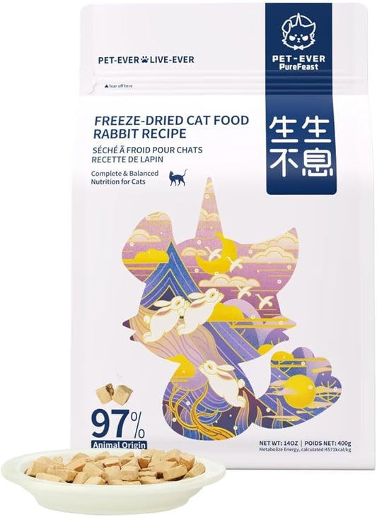 Freeze-Dried Cat Food, 97% Raw Meat 60% High Protein, Grain-Free Cat Food Topper, Health Dry Cat Food (Rabbit Recipe - 14 Ounce)
