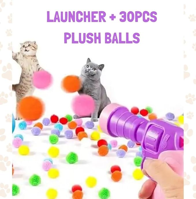 Cat Toy Ball Launcher Gun, Interactive Toy Ball Launcher, Gun for Indoor Cat Play, Plush Ball Shooter with 30 Colorful Plush Cat Balls, Enrichment Toys, Kitten Fetch Toy, Pink/Purple