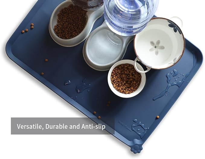Hoki Found X-Large Silicone Pet Food Mats Tray - Non Slip Pet Dog Cat Bowl Mats Placemat - Dog Pet Cat Feeding Mat - Waterproof Dog Cat Food Mats -Pet Water Mats for Carpet -Indigo Ink