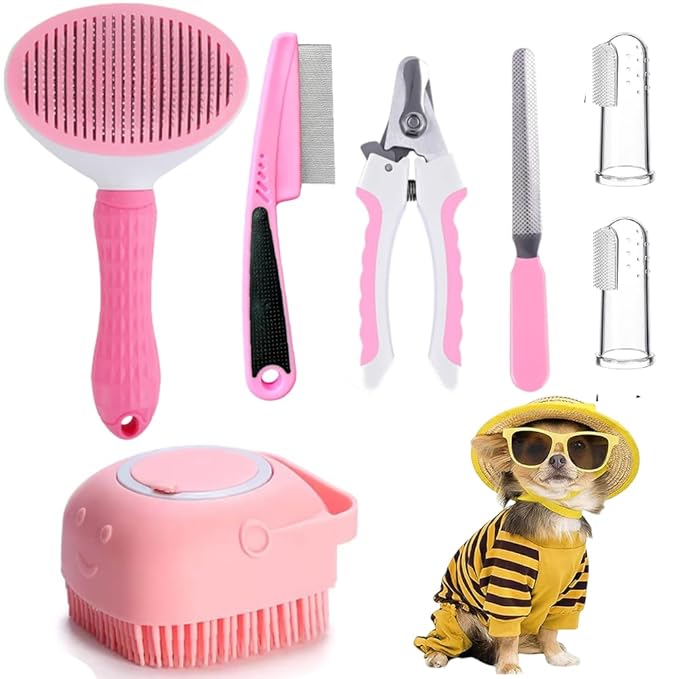 7 Pcs Cat Dog Brush Grooming Kits, Self-Cleaning Slicker Brush, Pet Nail Clipper and File, Flea Comb, Pet Shampoo Bath Brush, Pet Finger Toothbrush, Storage Bag (Pink)