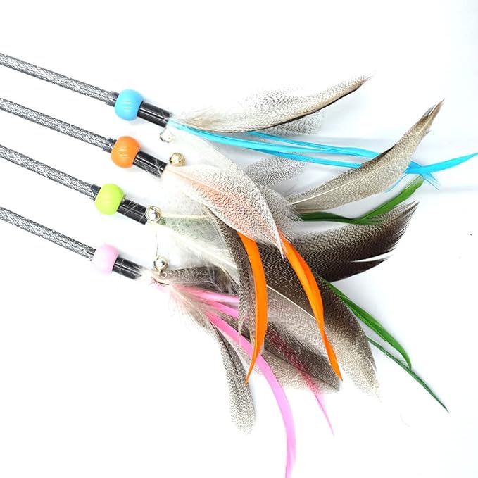 Cat Wand Toys 4 PCS Interactive Cat Feather Wands Cat Teaser Wand with Color Vary Feather and Bell