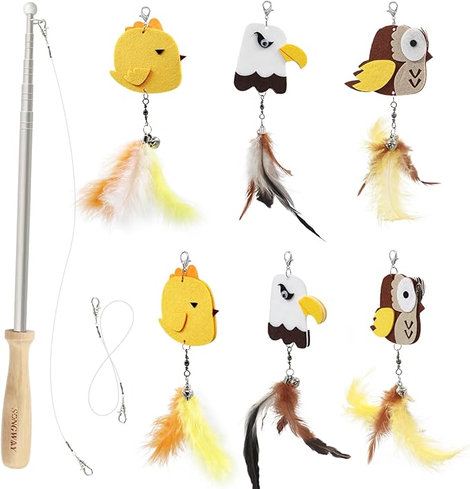 SONGWAY Interactive Cat Toys Wand - Retractable Cat Wand Toy and 6 Pieces Flying Bird Cat Toys Feather Replacement, Felt Cat Feather Toys for Indoor Cats