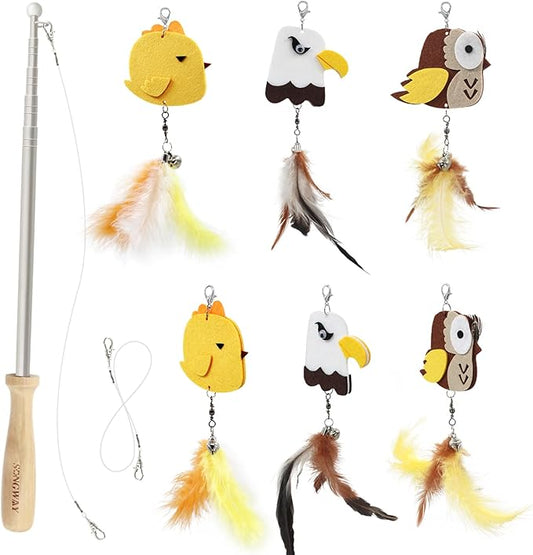 SONGWAY Interactive Cat Toys Wand - Retractable Cat Wand Toy and 6 Pieces Flying Bird Cat Toys Feather Replacement, Felt Cat Feather Toys for Indoor Cats