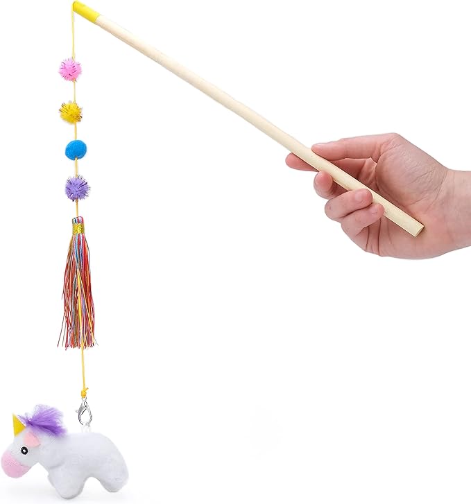 ZippyClaws Unicorn ZippyStick - Interactive Cat Toy Wand for Indoor Cats & Kittens, Cute Kitty Toys for Boredom, Fun Teaser Stick with Feathered Tassles & Plush Dangling Toy