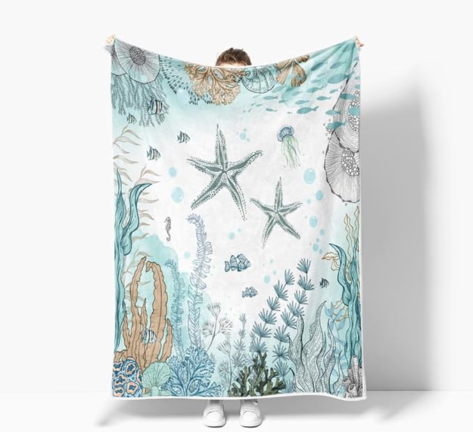 Starfish Blanket Funny Seashell Coral Beach Themed Throw Blankets, Farmhouse Sea Ocean Lightweight Soft Fleece Cozy Fleece Throw Blanket All Season Cozy Soft Lightweight Couch Sofa Bed Bedding