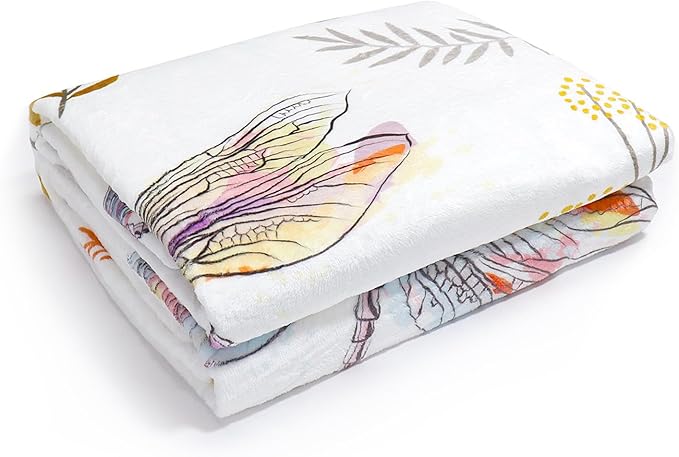 Dragonfly Throw Blanket Floral Flower Throw Blanket Botanical Plant Flannel Fleece Throw Blankets Butterfly Cozy Fuzzy Plush Throw Blankets for Bed Chair Couch 60" X 80"
