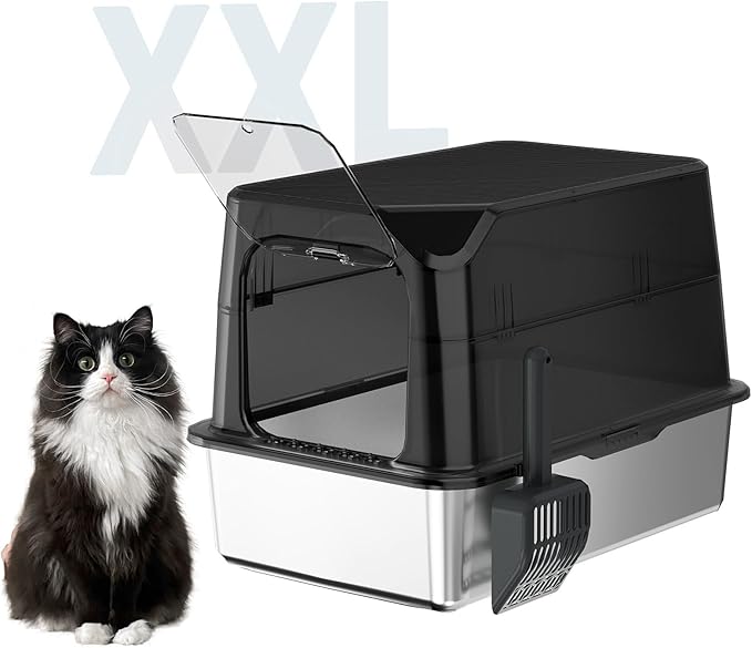 Black Translucent Stainless Steel Cat Litter Box with Lid Metal Extra Large Litter Box Enclosed Stainless Steel Litter Box Deodorize Non Sticky Easy to Clean Include Shovel(Black Translucent)