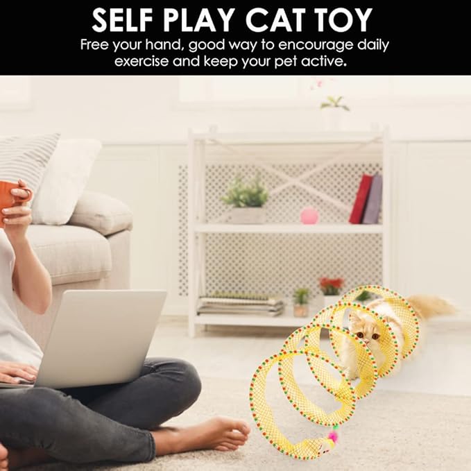 Cat Tunnel Spring Toy Cat Teaser Stick Collapsible, Kitten Tunnel Bored Pet Cat Hunting Play Tunnel with Feather Mouse Toys for Cat, Kitty, Kitten, Rabbit, Puppy (Yellow)