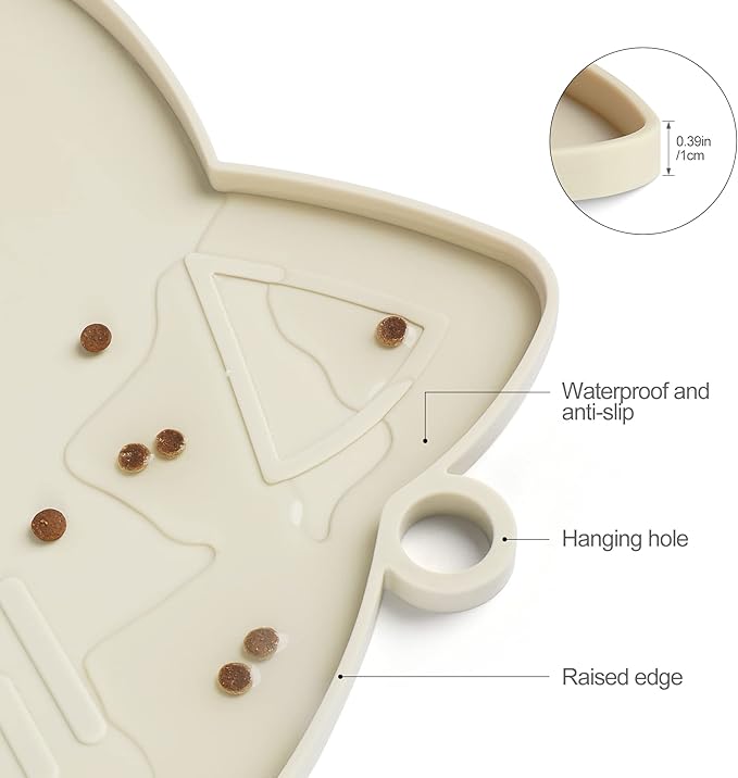 Coomazy Cat & Dog Feeding Mat, Thicker Non-Slip Silicone Mat with Raised Edge, Waterproof for Food & Water (Beige, Medium)