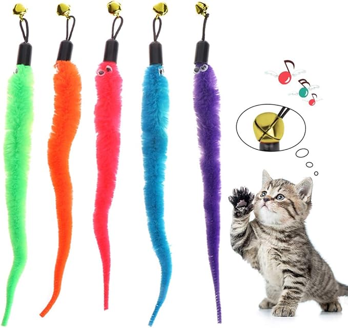 5pcs/Set Colorful Pet Kitten Cat Toys Teaser Replacement Refill Plush Caterpillar with Bell (5 in Blue, Purple, Orange, Pink and Green)