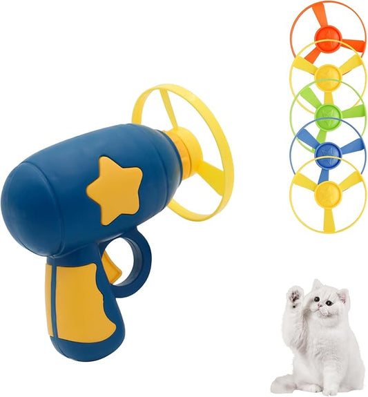 Andiker Cat Fetch Toy, Interactive Cat Flying Disc Launcher Toy with 5 Colorful Flying Propellers for Cat Enrichment, Flying Saucer Toy for Cat for Training and Chasing (Navy Blue)
