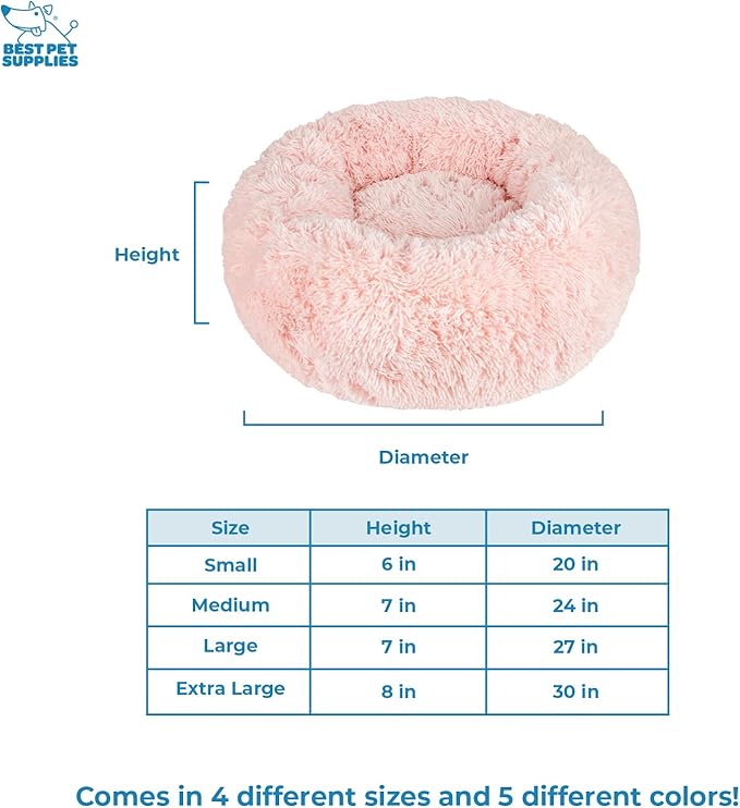 Best Pet Supplies Round Donut Dog Bed with Plush Faux Fur Fabric, Calming, Anti-Anxiety Cushion for Indoor Pets, Slip-Resistant Base, Soft Ergonomic Support - Pink, 24x24x7''