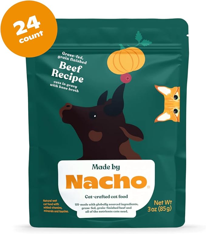 Made by Nacho Wet Cat Food, Cuts in Gravy, Limited Ingredients, Grass-Fed Grain Finished Beef Recipe with Bone Broth for Extra Hydration, (24) 3 oz. Pouches