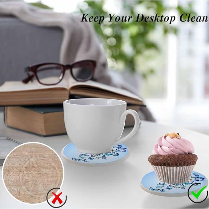 Butterflies Coasters for Drinks Nature Blue Butterflies Coasters for Table Ceramic Absorb Stone Coasters with Coffee Table Cork Base for Home Decor 2 Pcs