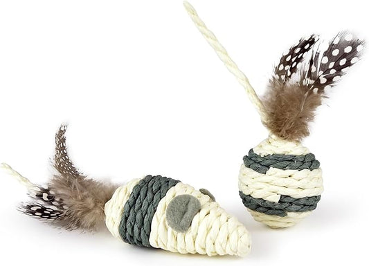 Cat Toys Set with Paper Rope & Feathers Ball and Mouse - 2 Pack, Interactive Toys for Indoor Cats,Kittens