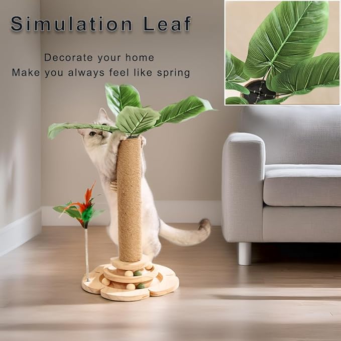 Marchul Cat Scratching Post with 2 Level Track Ball Tower Toy for Indoor Cats and Kitten, 3D Decorative Leaves, Sisal Rope, Interactive Cat Toy for Kitten Mental Physical Exercise