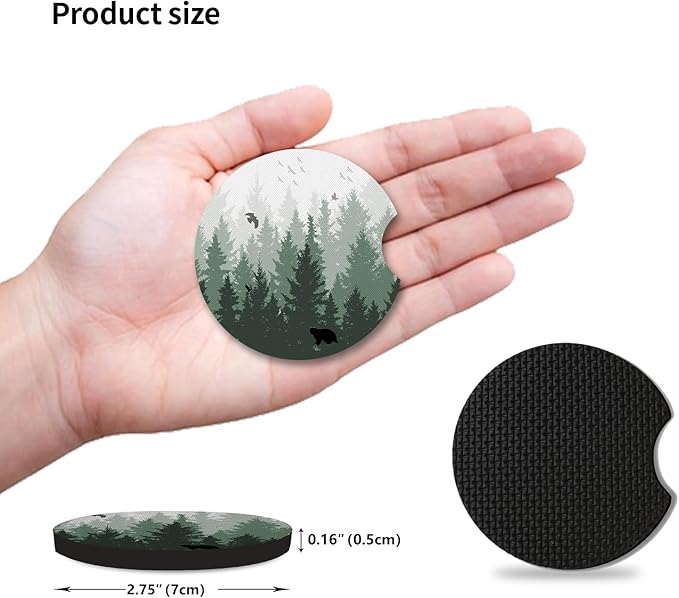 Car Coasters for Cup Holders,Cute Car Interior Accessories for Women Men,2.75" 2pcs Cup Holder Coasters for Car,Anti Slip Rubber Car Cup Mat with A Finger Notch(Forest)