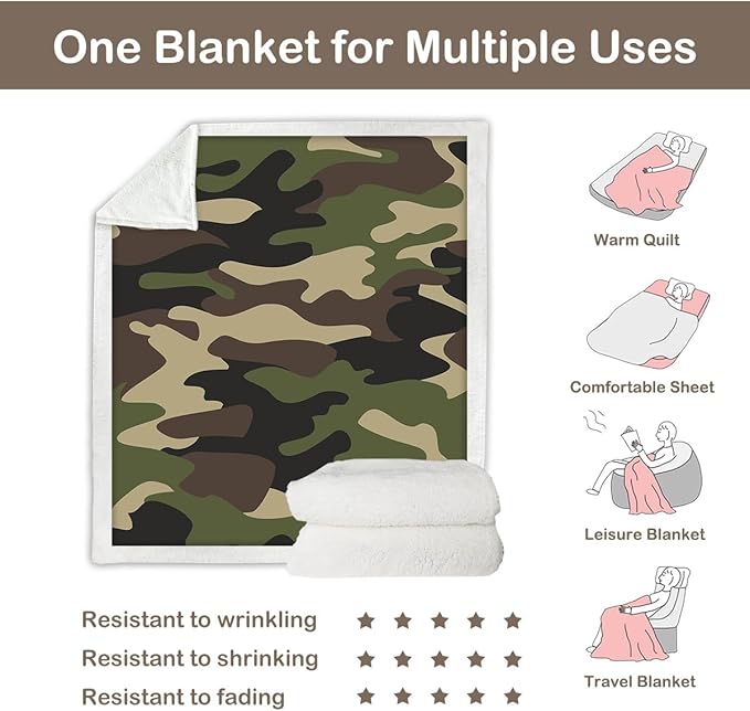 Sleepwish Green Camouflage Fleece Throw Blanket for Kids Boys Soft Brown Camo Camping Sherpa Blanket for Couch Chair, Baby (30"x 40")