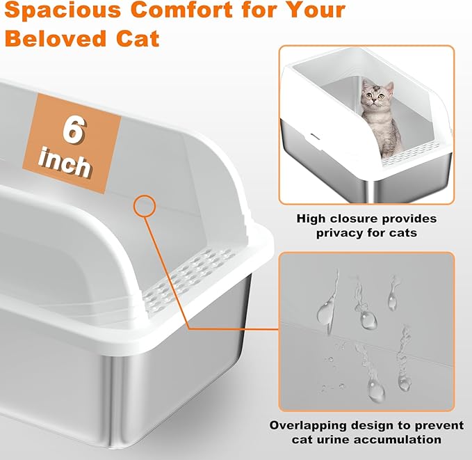 2 Pcs Stainless Steel Cat Litter Box with Lid, Extra Large High Sided Litter Box, XL Litter Box for Large Cats, Non-Leaking, Easy to Clean, Anti-Leakage Include Scoop(White)